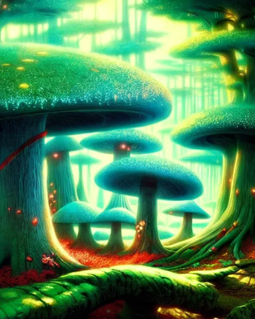 Image similar to magical enchanted mushroom forest, scenery wallpaper aesthetic, beautiful, cinematic, dramatic, super detailed and intricate, by koson ohara, by darwyn cooke, by greg rutkowski, by satoshi kon