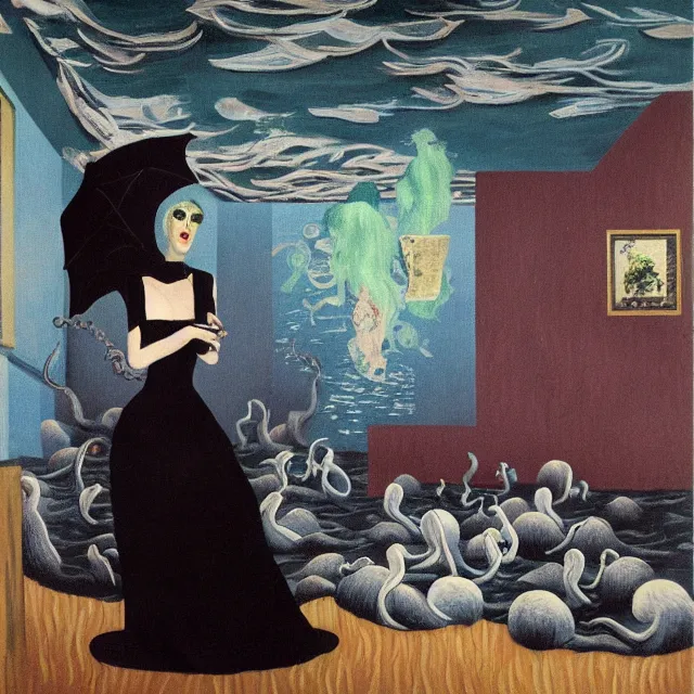 Image similar to tall female emo artist holding an octopus in a flooded cafe, octopus, water gushing from ceiling, painting of flood waters inside a cafe, a river flooding indoors, pomegranates, pigs, ikebana, water, octopus, river, rapids, waterfall, black swans, canoe, berries, acrylic on canvas, surrealist, by magritte and monet