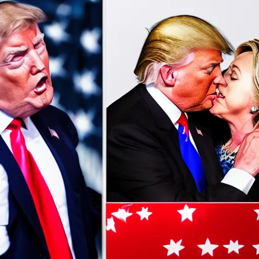 Image similar to realistic portrait of Donald trump kissing Hillary Clinton, hyperrealistic