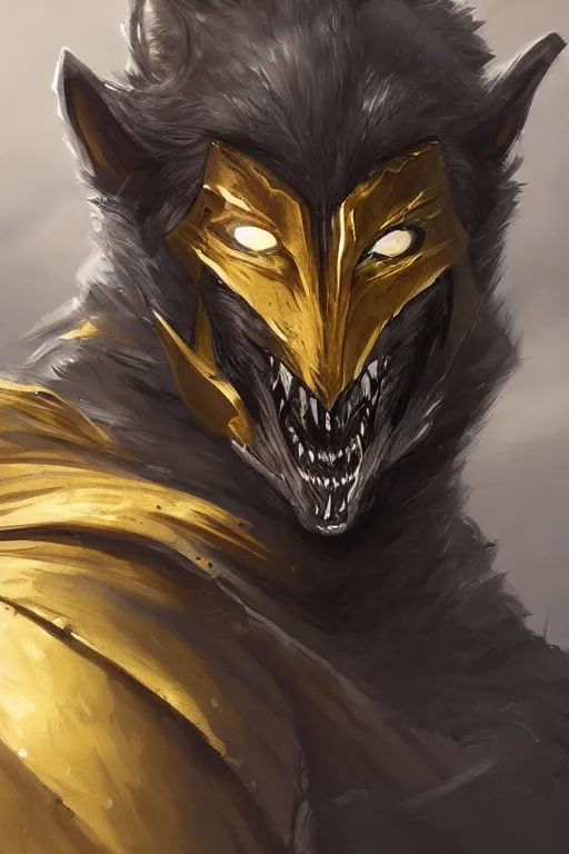 Image similar to werewolf in golden armour and black cape with hood, d & d, fantasy, portrait, highly detailed, headshot, digital painting, trending on artstation, concept art, sharp focus, illustration, art by artgerm and greg rutkowski and magali villeneuve