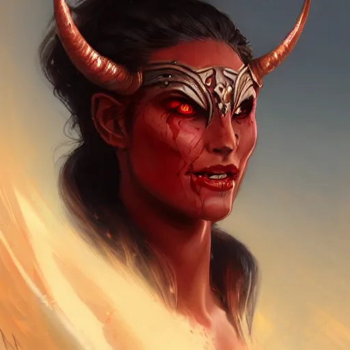 Prompt: portrait of a strong bloodthirsty female berber tiefling with red skin, devil horns and black hair in a ponytail wearing a steel chestplate in a desert, fantasy, highly detailed, digital painting, artstation, concept art, character art, art by greg rutkowski and tyler jacobson and alphonse mucha