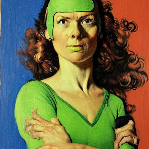 Prompt: Frontal portrait of a superheroine with avocado powers. Painting by Norman Rockwell.