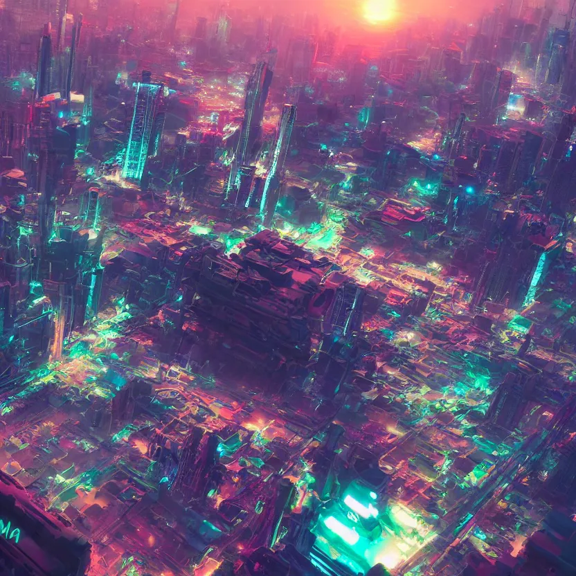 Image similar to An ultra-high resolution photograph of a colorful sci-fi fututistic city, sunrise, by Yoshitaka Amano and Alena Aenami, Trending on Artstation, nvidia, matte painting, unreal engine