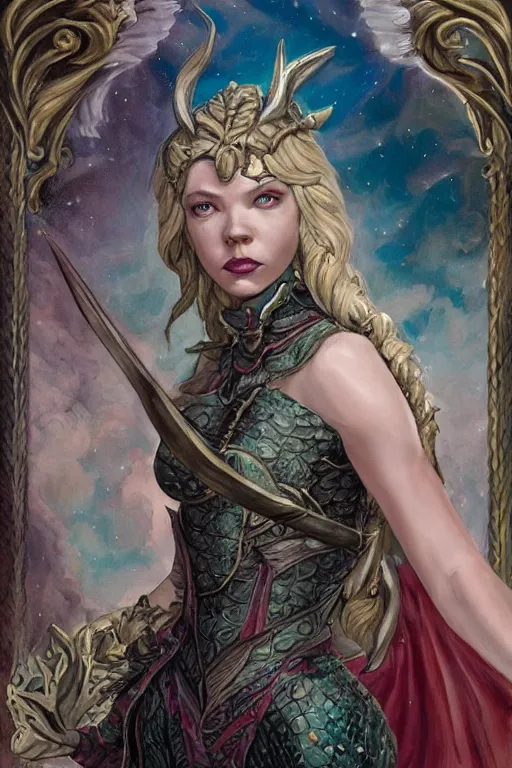 Image similar to A fantasy comic book style portrait painting of Cory Chase, hybrid, Anya Taylor-Joy, as an Atlantean Reptilian Warrior, François Boucher, Oil Painting, Mystical, Modest, Valkyrie, wearing intricately designed, jewel inlaid Armor, unreal 5, DAZ, hyperrealistic, octane render, Regal, Refined, Detailed Digital Art, RPG portrait, William-Adolphe Bouguereau, Michael Cheval, Walt Disney (1937), Steampunk, dynamic lighting, Highly Detailed, Cinematic Lighting, Unreal Engine, 8k, HD