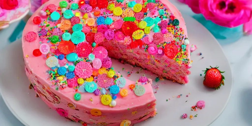 Prompt: piece of pink strawberry cake with hundreds of colorful pins stuck in it