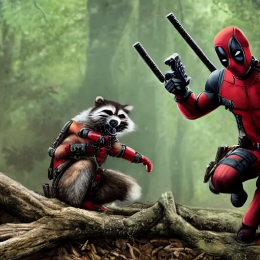 Image similar to deadpool and rocket raccoon in the woods digital art 4 k detailed super realistic
