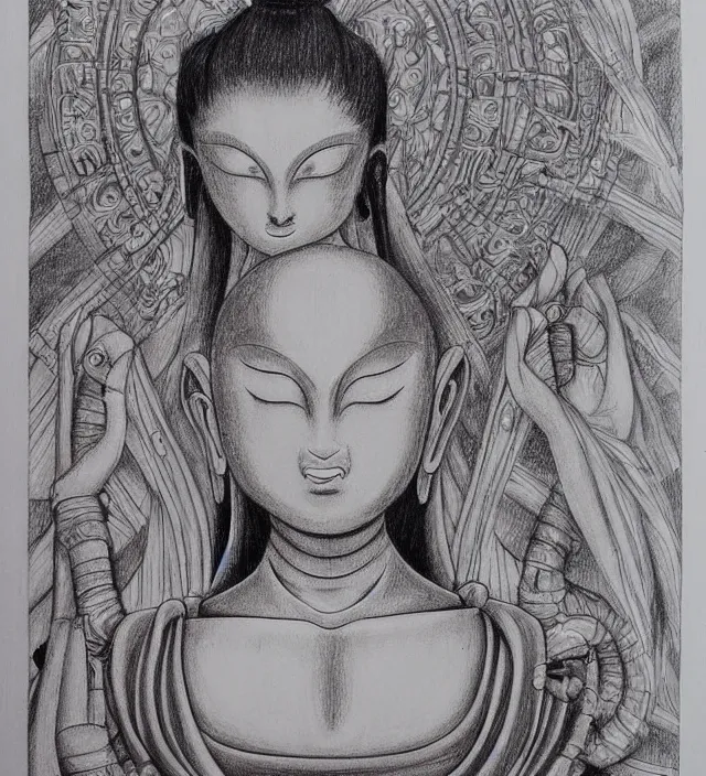 Prompt: buddhist drawing painting of a beautiful girl portrait in miyazaki toriyama giger style detailed trending award winning