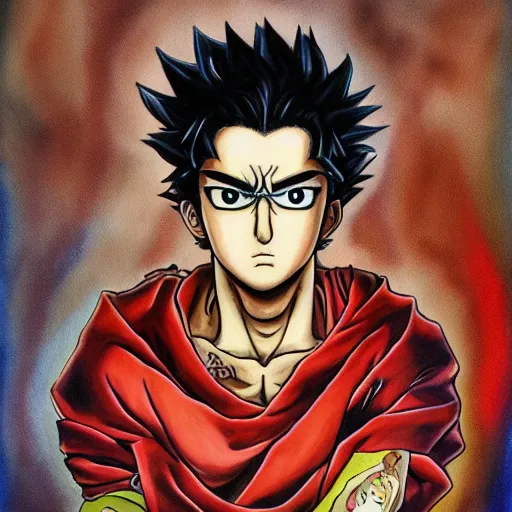 Image similar to a oil painting of a modern god in the style of Hirohiko Araki in the style of akira toriyama detailed realistic High Resolution HD 8k