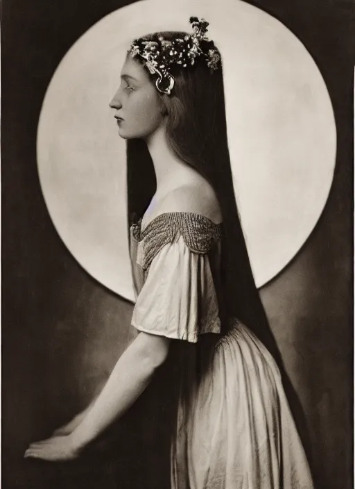 Image similar to portrait of young woman in renaissance dress and renaissance headdress, art by imogen cunningham