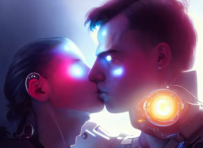 Image similar to ultra realistic medium shot of a couple of cyborgs kissing, lovers, cyberpunk, sci - fi, kodak, faces, colour led, soft light, volumetric lighting, fog, rays, night, intricate detailed, digital painting, concept art, smooth, sharp focus, illustration, art by artgerm and greg rutkowski and alphonse mucha