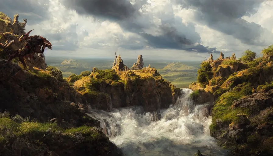 Image similar to excellent painted daemon in a wide epic beautiful landscape somewhere in europe with fluffy clouds, painted by Hans Fredrik Gude, Greg Rutkowksi, Craig Mullins and Artgerm, masterpiece, 4k, ultra realistic highly detailed oil painting