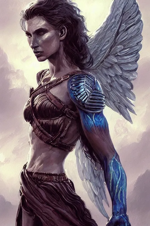Prompt: a waist-up Portrait of a warrior angel woman who looks like a Supermodel covered by mystique tattoos, stoic attitude, wavy hair, big cheekbones, cloud ominous day background, intricate, elegant, highly detailed, digital painting, artstation, concept art, smooth, sharp focus, high fantasy illustration, art by Peter Andrew Jones, artgerm and edgar maxence and alphonse mucha