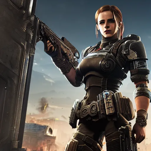 Image similar to emma watson in gears of war, destiny 2, witcher 3, god of war, warframe, cyberpunk 2 0 7 7, overwatch, fortnite, highly detailed, extremely high quality, hd, 4 k, professional photographer, 4 0 mp, lifelike, top - rated, award winning, realistic, detailed lighting, detailed shadows, sharp, edited, corrected, trending