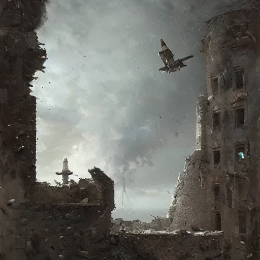 Image similar to Ruins of a castle flying inside a hurricane, oil painting, by Greg Rutkowski