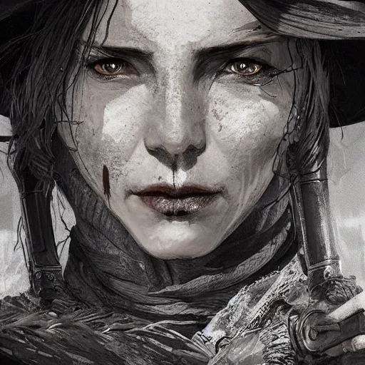 Prompt: portrait of a bandit woman, drawn by ruan jia, fantasy art, red dead redemption, django, town background, weird west, deadlands, dramatic lighting, digital art, 8 k, extremely detailed