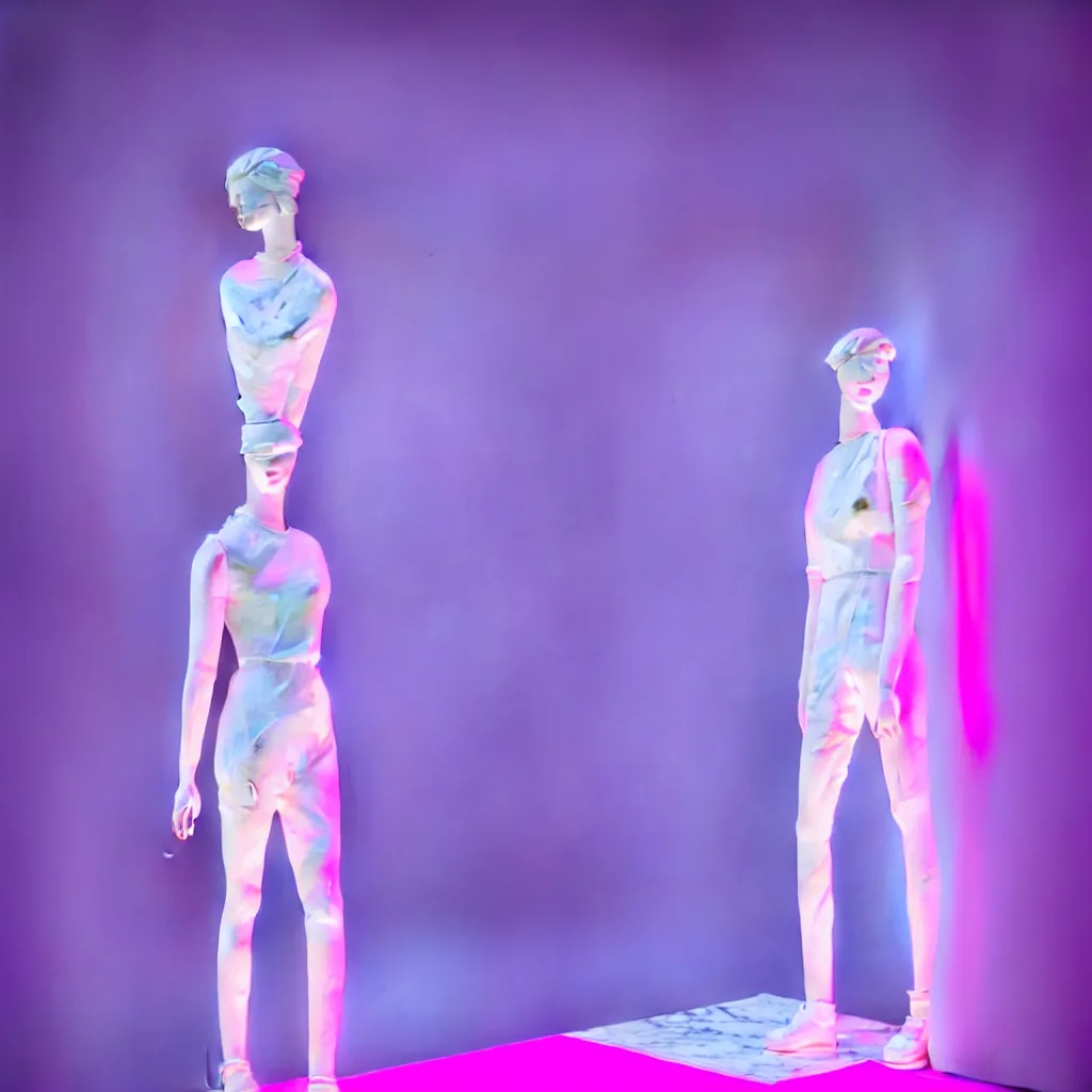 Image similar to beautiful marble sculpture of a mannequin by billelis + lit with 3 d geometric neon + moon in background!, facing a doorway opening with neon pink geometric light + hosta flowers!!, award winning, clean linework, dramatic, finely detailed, 4 k, trending on artstation, photorealistic, volumetric lighting, octane render