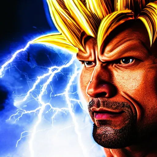 Prompt: full shot of Dwayne Johnson as a warrior style goku super saiyan at moonlight, snowing, lightning bolt, high detail, unreal engine 4k volumetric light, fog,