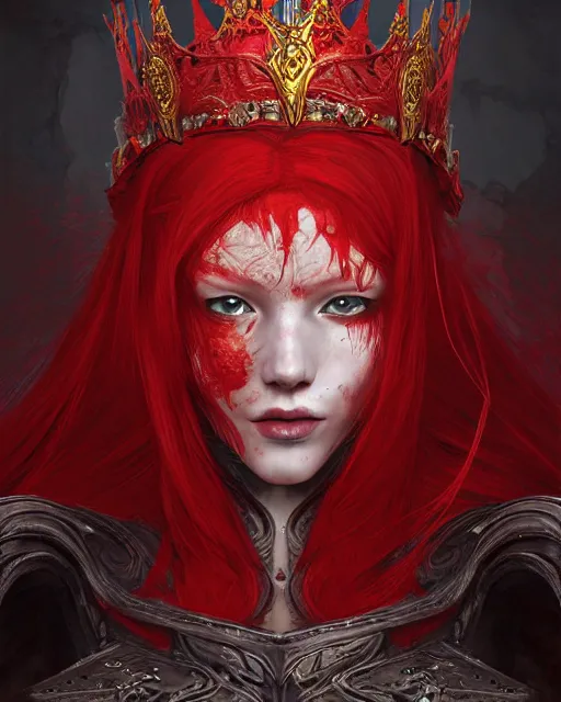 Prompt: redhead queen knight in red armor, inside an epic gothic castle, baroque, large crown, face with scars, intimidating, ominous, high fantasy, intricate detail, digital painting, artstation, concept art, smooth, sharp focus, illustration, art by yoshitaka amano and monia merlo and wlop