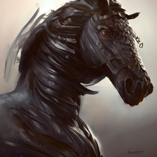 Image similar to an enormously muscular black - coated anthro horse at a research facility wearing skintight body armor, highly detailed, digital painting, artstation, concept art, illustration, art by artgerm, greg rutkowski, wlop