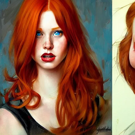 Prompt: hyper realistic painting portrait of a redhead girl, biting her lip with beautiful blue eyes, hyper detailed face by stjepan sejic, by norman rockwell, by michael hussar