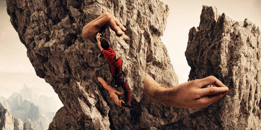 Image similar to ego perspective photography of hands holding climbing equpiment in the dolomites, climbing, dolomites, alpine, detailed intricate insanely detailed octane render, 8k artistic 1920s photography, photorealistic, chiaroscuro, hd, by David Cronenberg, Raphael, Caravaggio