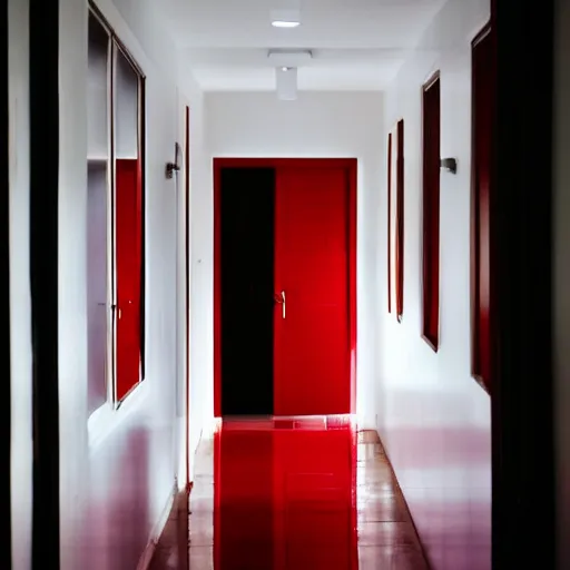 Image similar to an all white hotel hallways with a red door at the end, liminal space,