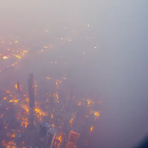 Prompt: looking down from a plane into a distroyed city :: fog :: cinematic photography