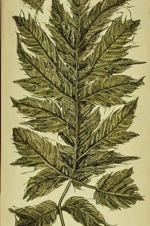 Image similar to scan of the leaves of an old cursed herbarium, by john howe, infographic, textbook, marginalia, cursed, alien, plant specimens, hortorium, scientific study