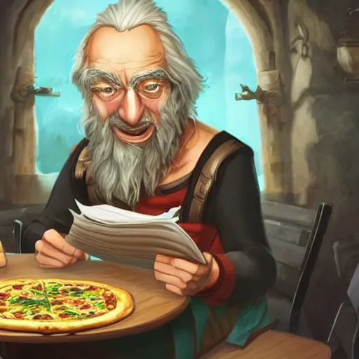 Prompt: a grumpy old danish man with long black hair eating pizza while DMing an AD&D game, D&D, rogue, dark hair, skinny, middle aged, D&D dice on table, papers on table, character sheets on table, natural lighting, black hair, style of don bluth