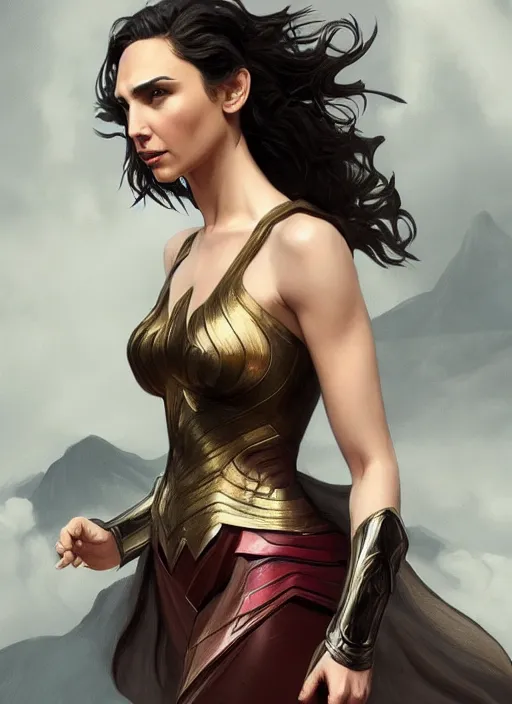 Prompt: full length photo of gal gadot wearing a dress, intricate, elegant, highly detailed, digital painting, artstation, concept art, matte, sharp focus, illustration, hearthstone, art by artgerm and greg rutkowski and alphonse mucha