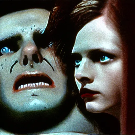 Prompt: Possession (1981) movie by Andrzej Żuławski, movie still, robot head and man head