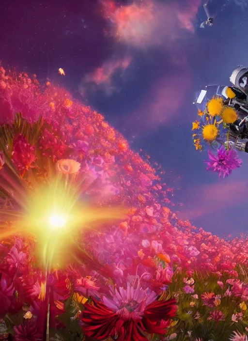 Image similar to An epic fantastic realism comic book style painting of the most beautiful flowers launched into space, bouquets, lens flare, fisheye lens, unreal 5, DAZ, hyperrealistic, octane render, dynamic lighting