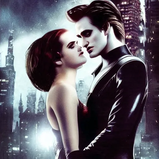 Image similar to Edward Cullen beating Batman while Bella Swan kisses the Catwoman in the background night full moon city buildings gotham city movie poster