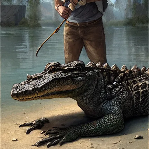 Image similar to an alligator, wearing a vest, wlop, greg rutkowski