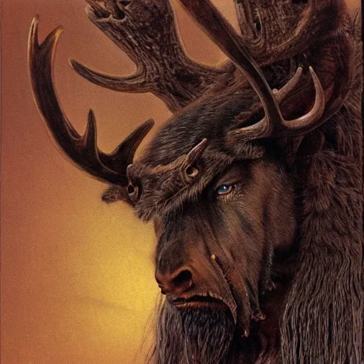 Prompt: hairy barbarian with moose head by bruce pennington and zdzisław beksinski