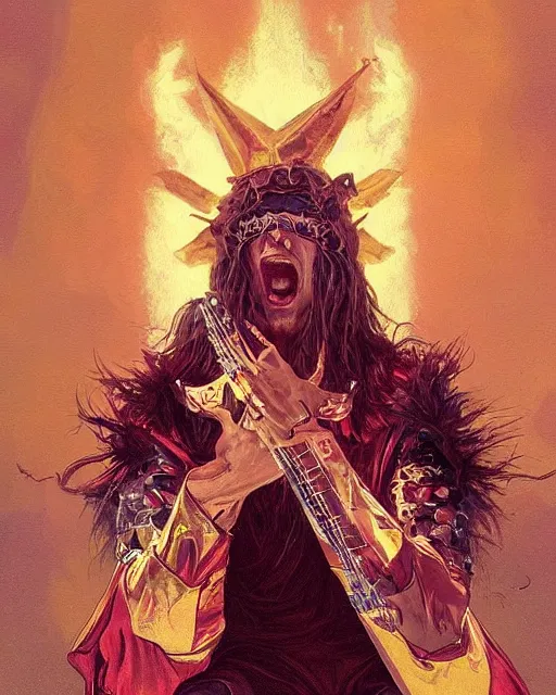 Prompt: '' Heavy metal rockstar invoking satan during a concert, high detail, 4k , digital painting, artstation, concept art, sharp focus, illustration, art by greg rutkowski and alphonse mucha ''