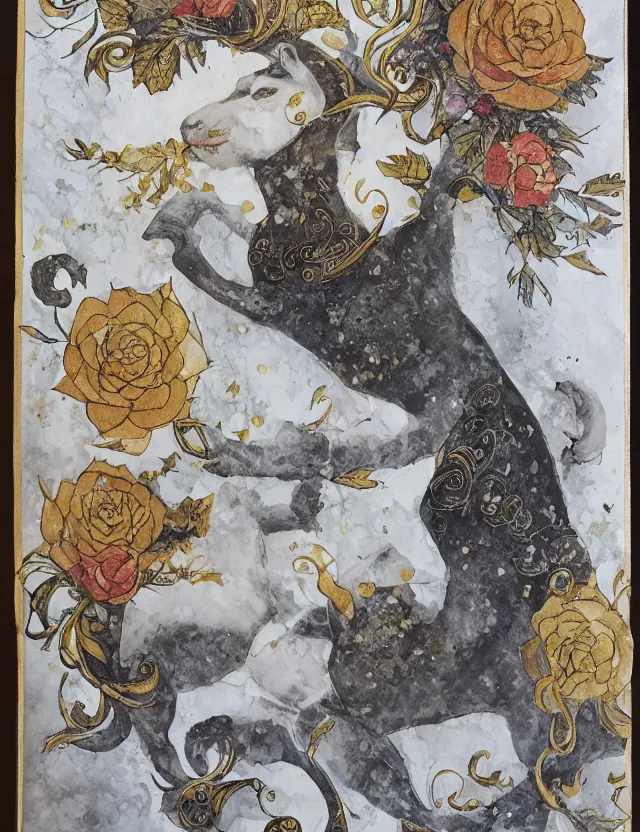 Prompt: animal god of roses and snow. this ink wash and goldleaf work by the beloved children's book illustrator has interesting color contrasts, plenty of details and impeccable lighting.