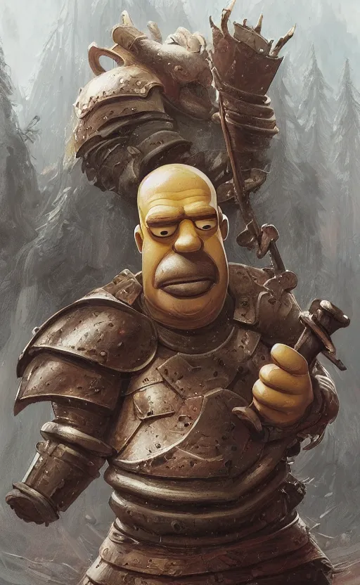 Prompt: portait of a homer simpson paladin weilding a sword at forest monster, front game card, drark, marvel comics, dark, intricate, highly detailed, smooth, artstation, digital illustration by ruan jia and mandy jurgens and artgerm and wayne barlowe and greg rutkowski and zdislav beksinski