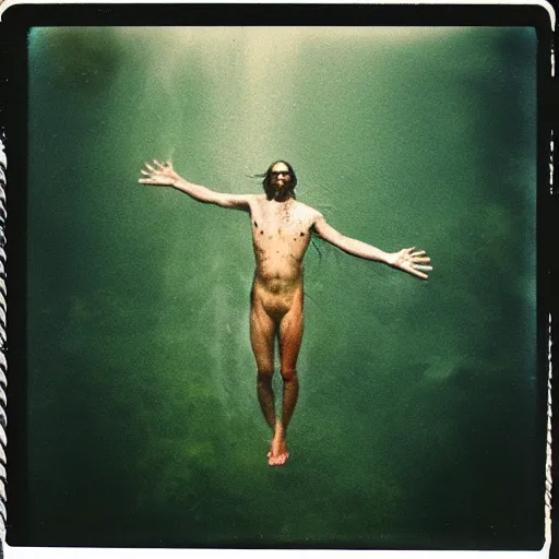 Image similar to semi translucent frog hovering over misty water in Jesus Christ pose, polaroid photography by Andrei Tarkovsky, paranormal, spiritual, mystical