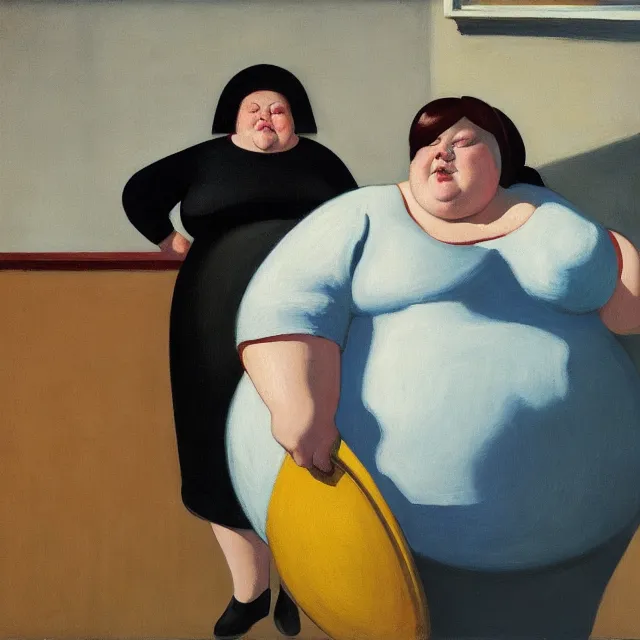 Image similar to a fat lady dressed in black holding a large frying pan edward hopper