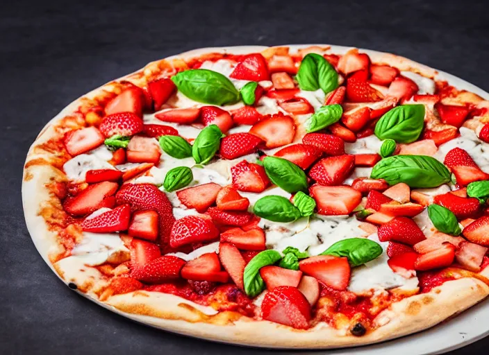 Image similar to A delicious plate of a big pizza with strawberries on, extra cheese, close up food photography, studio lighting, Sigma 35mm f/1.4