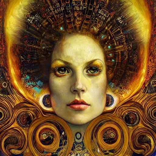 Image similar to Divine Chaos Engine by Karol Bak, Jean Deville, Gustav Klimt, and Vincent Van Gogh, beautiful visionary mystical portrait, sacred, otherworldly, fractal structures, ornate gilded medieval icon, third eye, spirals