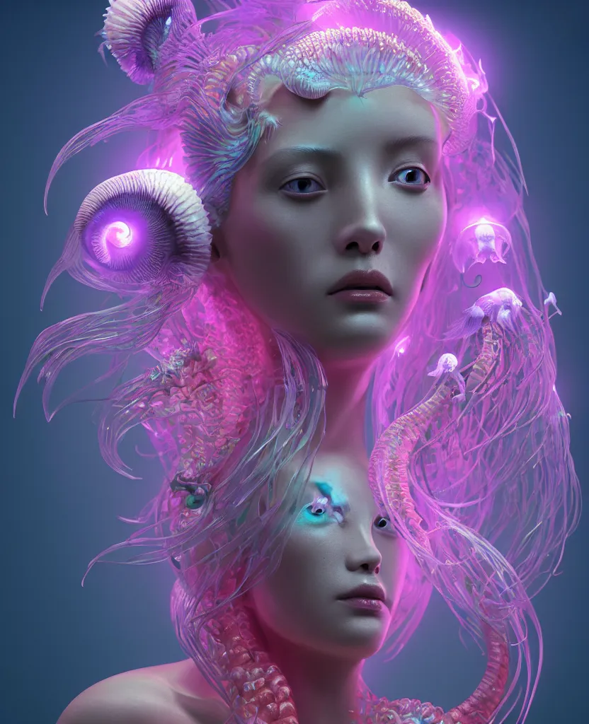 Image similar to goddess close-up portrait. chimera orchid jellyfish phoenix head, nautilus, skull, betta fish, bioluminiscent creatures, intricate artwork by Tooth Wu and wlop and beeple. octane render, trending on artstation, greg rutkowski very coherent symmetrical artwork. cinematic, hyper realism, high detail, octane render, 8k