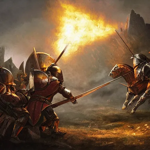 Image similar to war torn medieval battlefield, figures fighting in the distance, gleaming knights in resplendent armour locked in battle against dragons spewing fire, dnd, fantasy, high quality, high definition, concept art, smooth