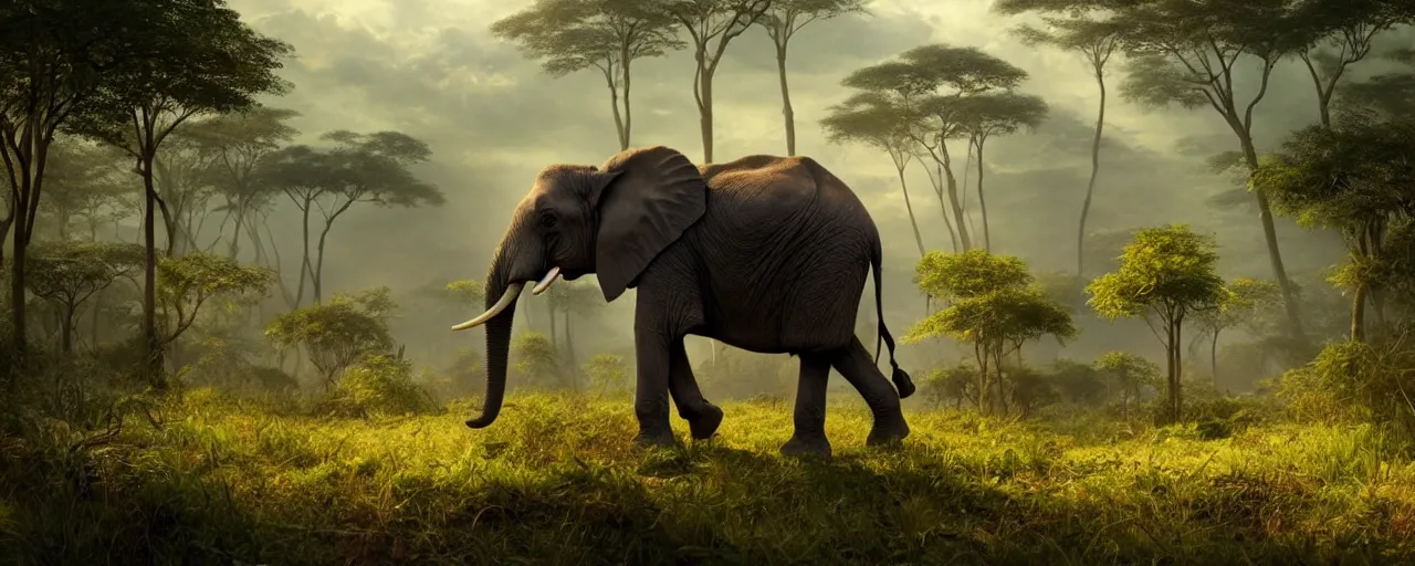 Image similar to baby African elephant standing up in the jungle, beautiful dynamic lighting, cinematic, wide angle establishing shot, extremely high detail, photo realistic, cinematic lighting, post processed, concept art, artstation, matte painting, style by frederic church, raphael lacoste, unreal engine 8k
