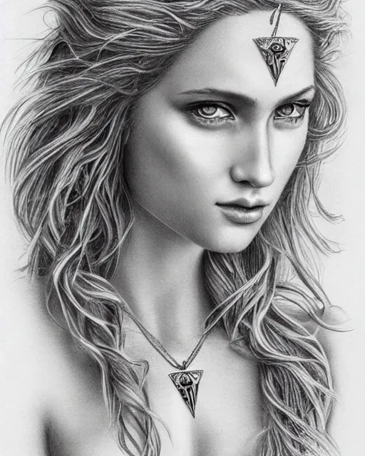 Prompt: pencil drawing of a beautiful greek goddess aphrodite with arrowhead jewelry, beautiful piercing eyes, beautiful blonde hair, hyper realistic face, in the style of greg rutkowski, fantasy, amazing detail, epic, elegant, smooth, sharp focus, from the front