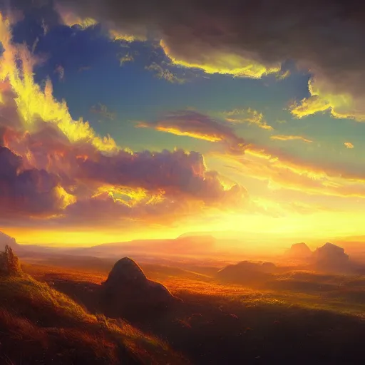 Image similar to A real photographic landscape painting with incomparable reality，the phoenix，Colorful clouds, fairy tale , light effect , Dream , Dindar light , Greg Rutkowski , unreal engine , Super realistic painting style, super wide ,artstation