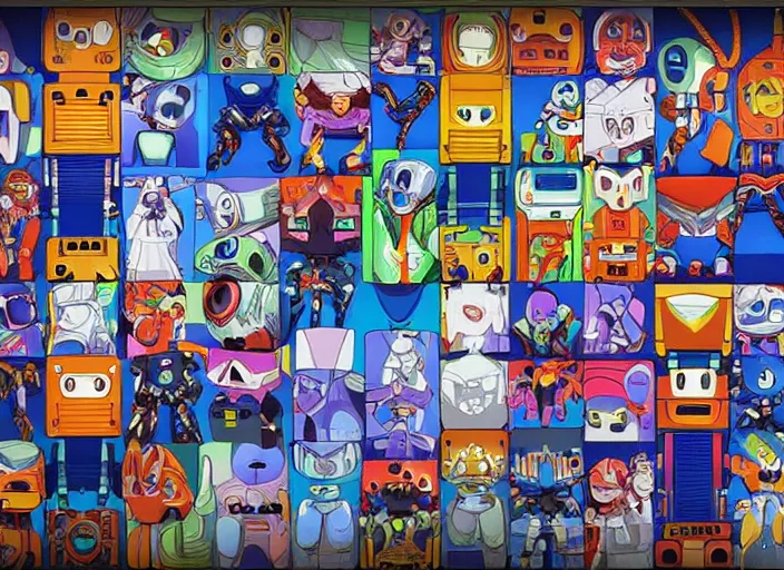 Image similar to 3 rows of 3 framed closeup colorful 3 d - rendered face portraits of cute evil robots from mega man, with a futuristic mechanical background.