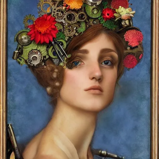 Prompt: portrait of a beautiful young cyborg woman with a big steampunk flower crown and part mechanical face , Pre-Raphaelite