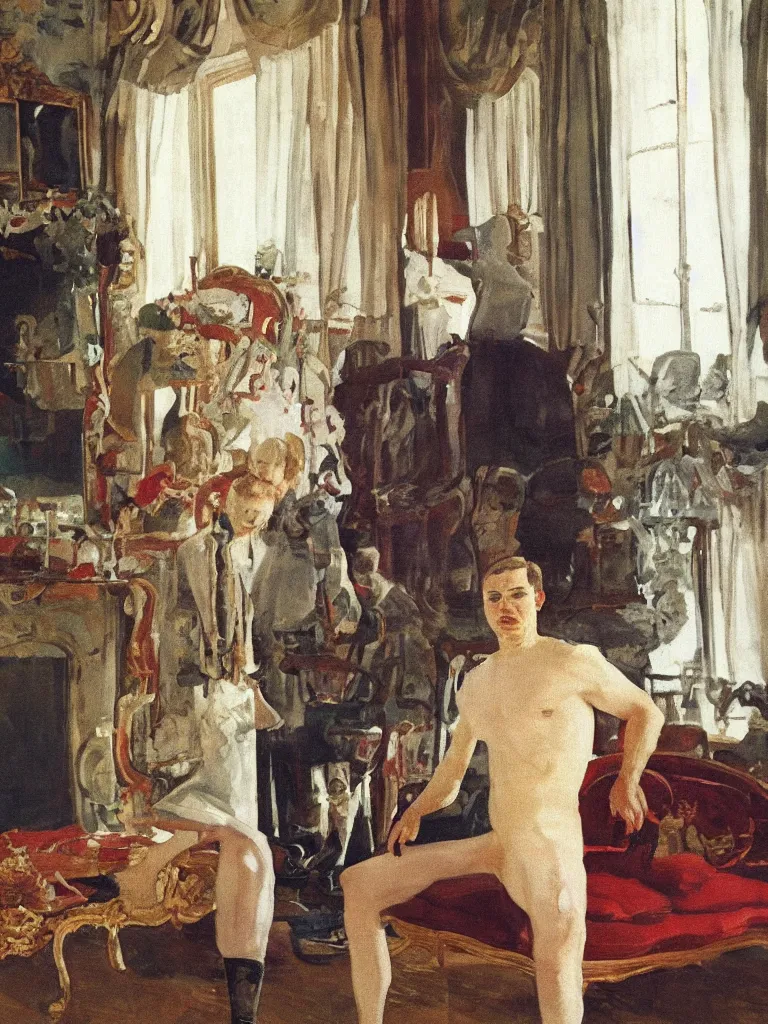 Prompt: olympic russian athlete young man posing in his living room, his grandparents are sitting on the coach behind him, by Konstantin Somov, 1987.